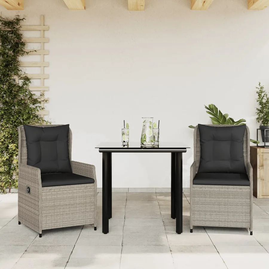 Ensemble à manger de jardin 3pcs coussins gris clair poly rotin