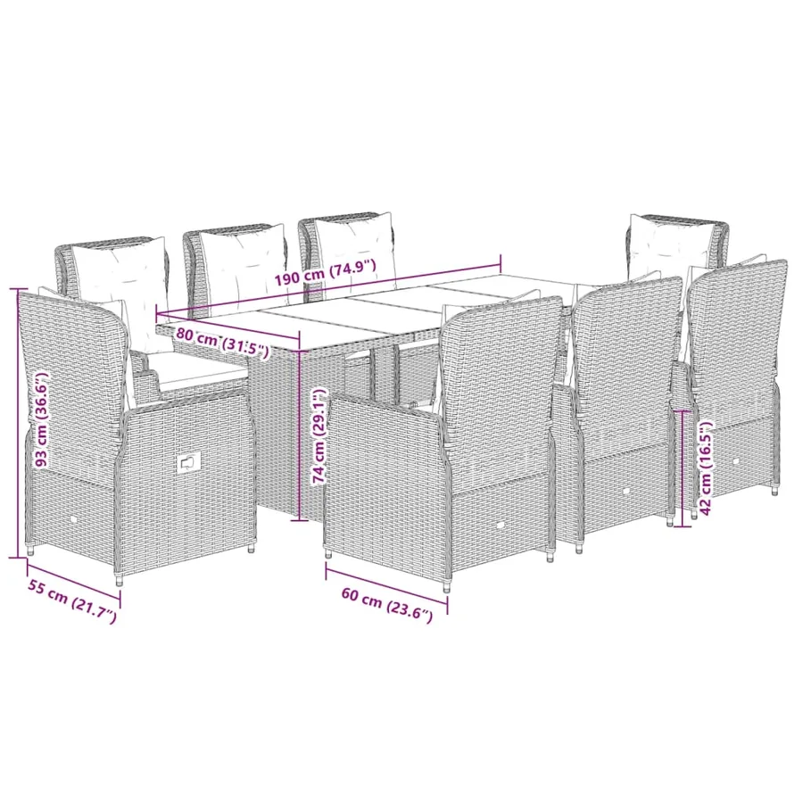Ensemble à manger de jardin et coussins 9 pcs gris clair rotin - 8