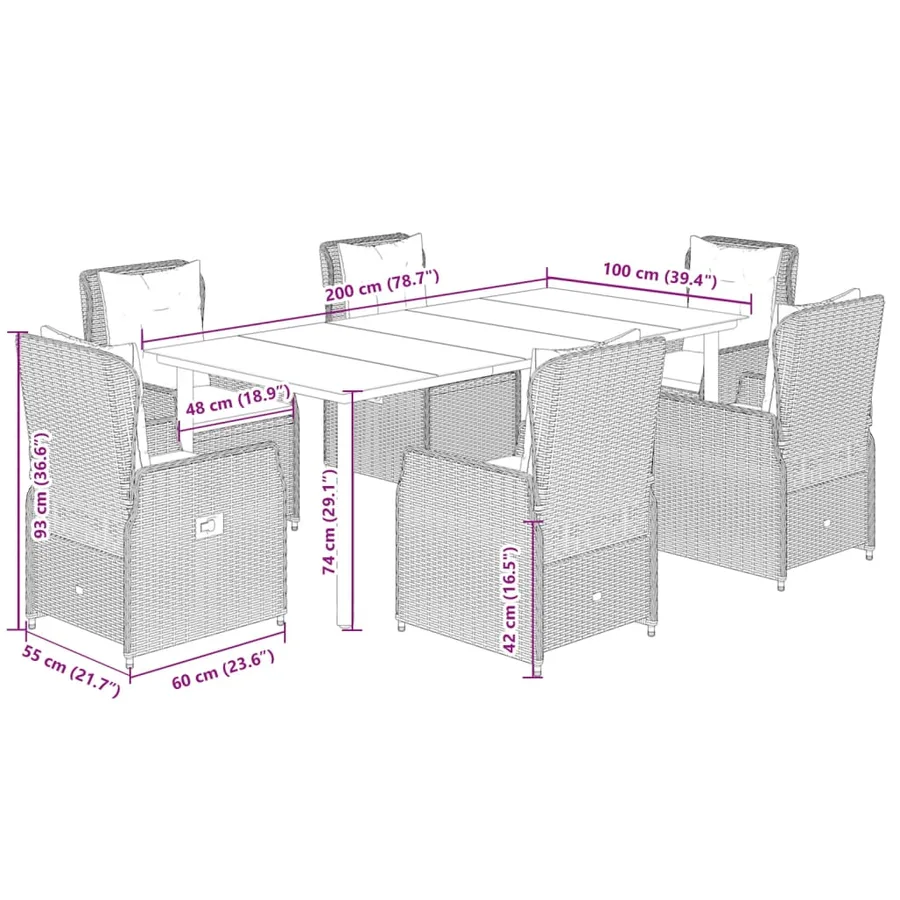 Ensemble à manger de jardin et coussins 7 pcs gris clair rotin - 8