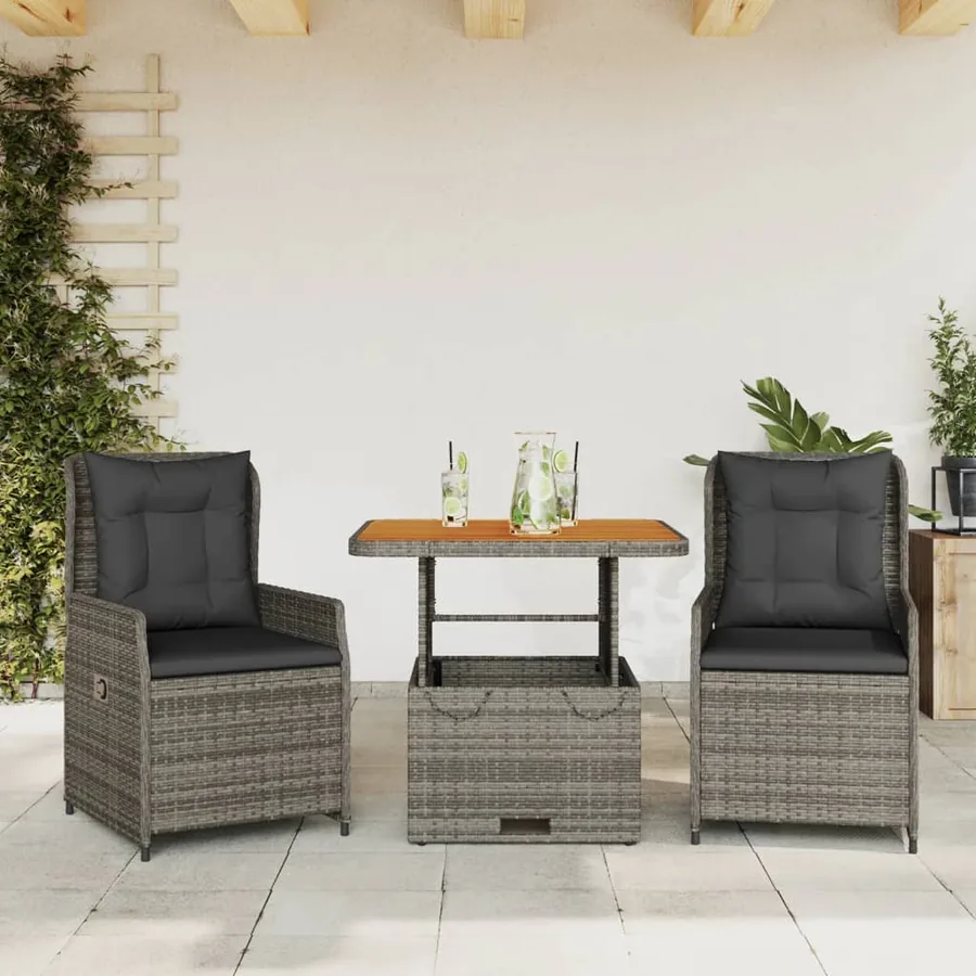 Ensemble de bistro 3 pcs avec coussins gris résine tressée