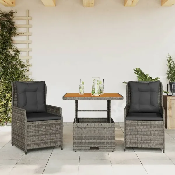 Ensemble de bistro 3 pcs avec coussins gris résine tressée