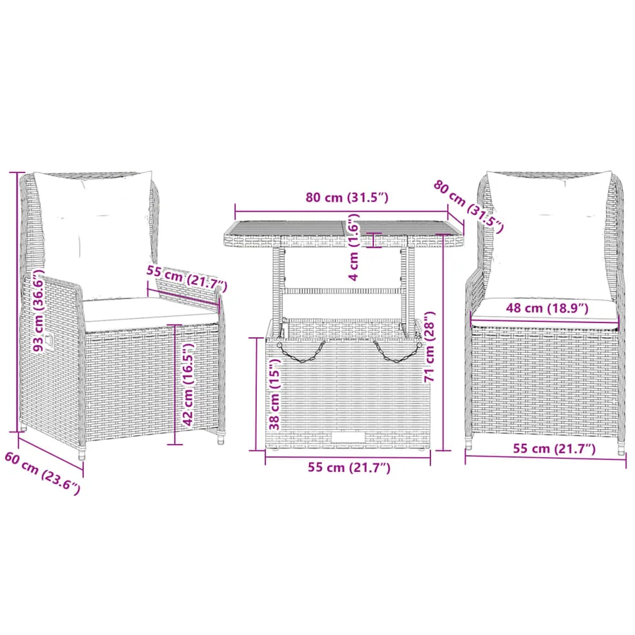 Ensemble de bistro 3 pcs avec coussins gris résine tressée - 9
