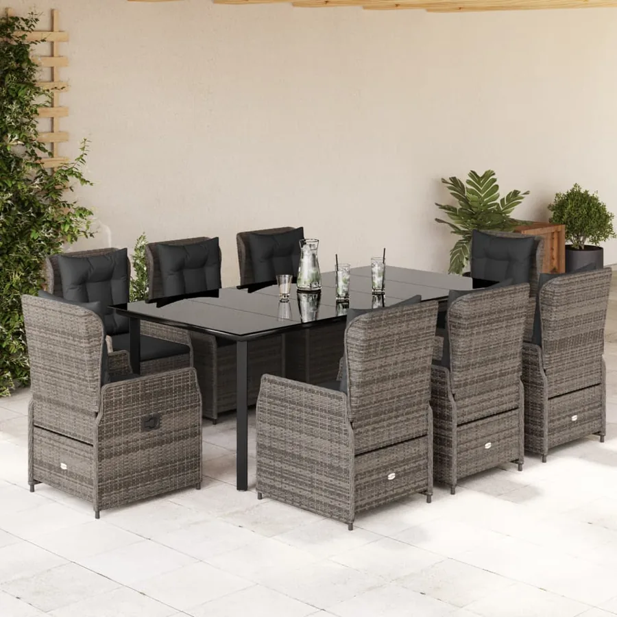 Ensemble à manger de jardin 9 pcs coussins gris résine tressée
