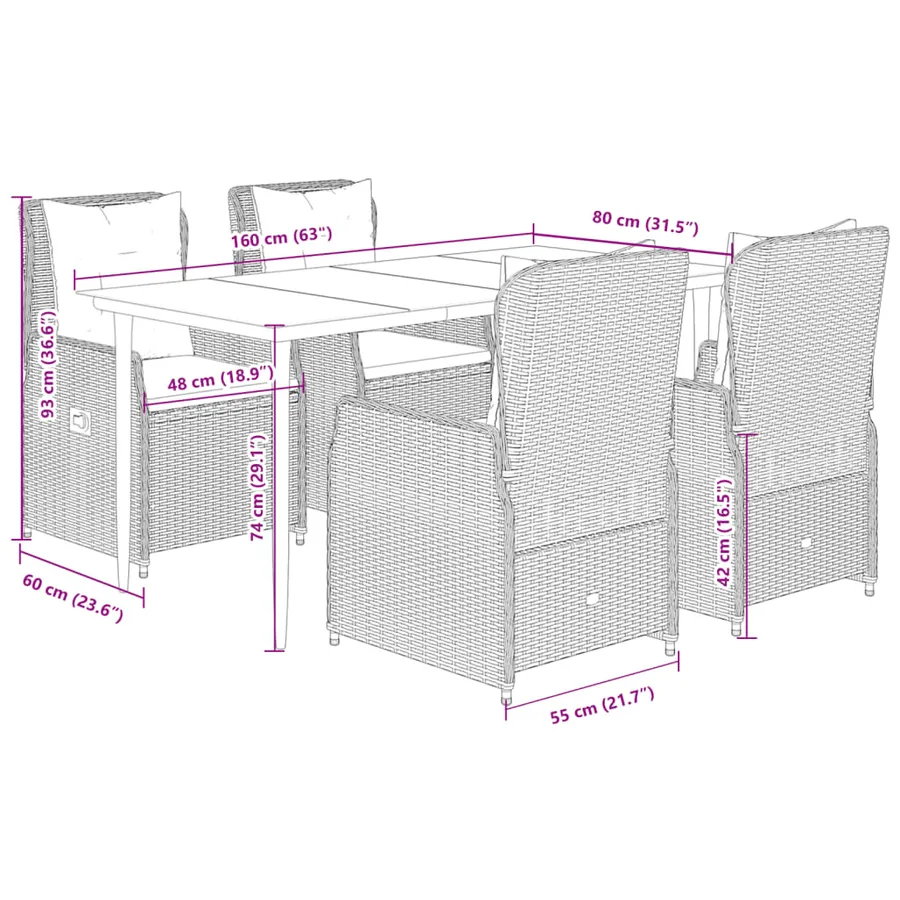Ensemble à manger de jardin et coussins 5 pcs gris clair rotin - 8
