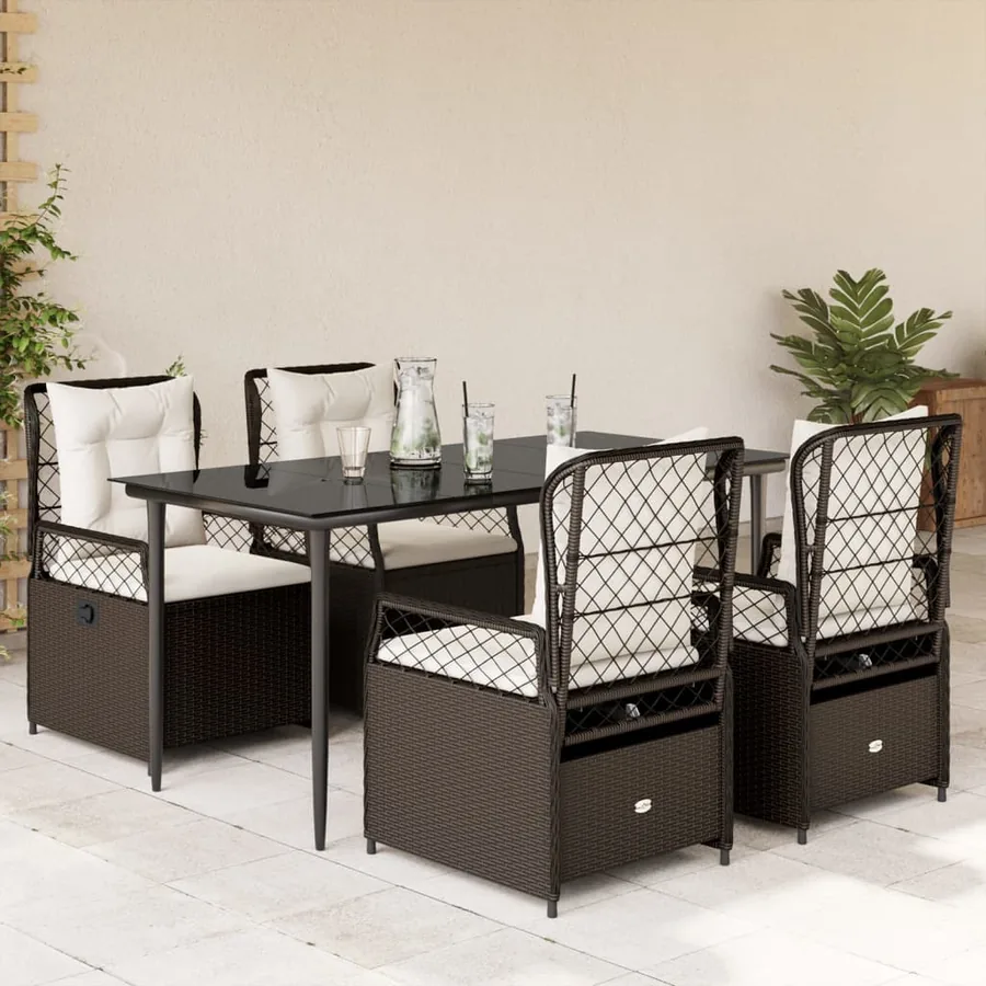 Ensemble à manger de jardin 5 pcs et coussins marron poly rotin