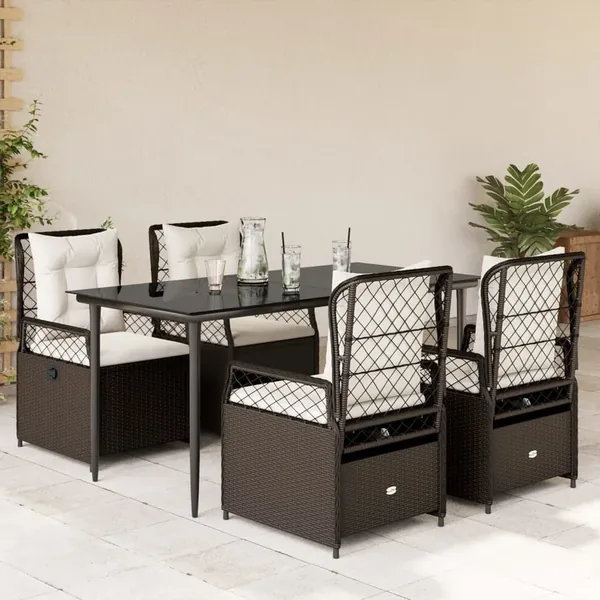 Ensemble à manger de jardin 5 pcs et coussins marron poly rotin
