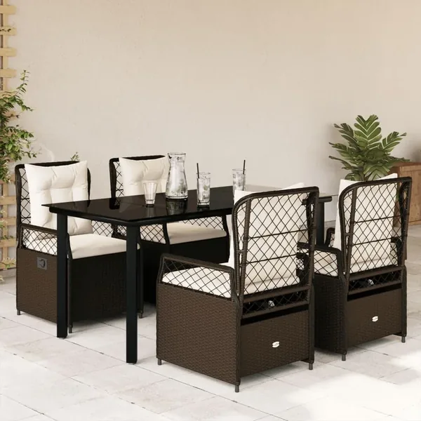 Ensemble à manger de jardin 5 pcs et coussins marron poly rotin