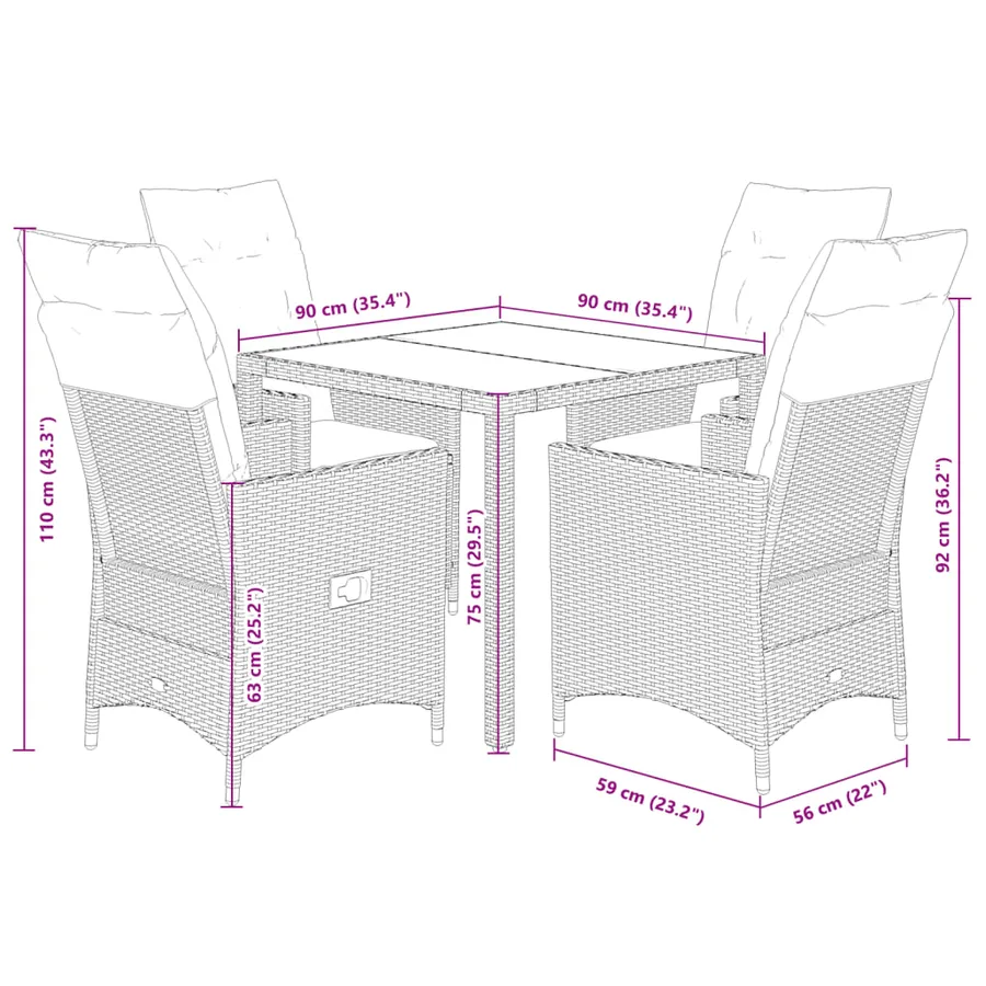 Ensemble à manger de jardin coussins 5pcs Noir Résine tressée - 7