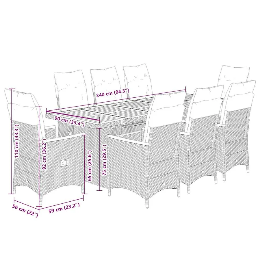 Ensemble de bistro de jardin 9 pcs coussins noir poly rotin - 7