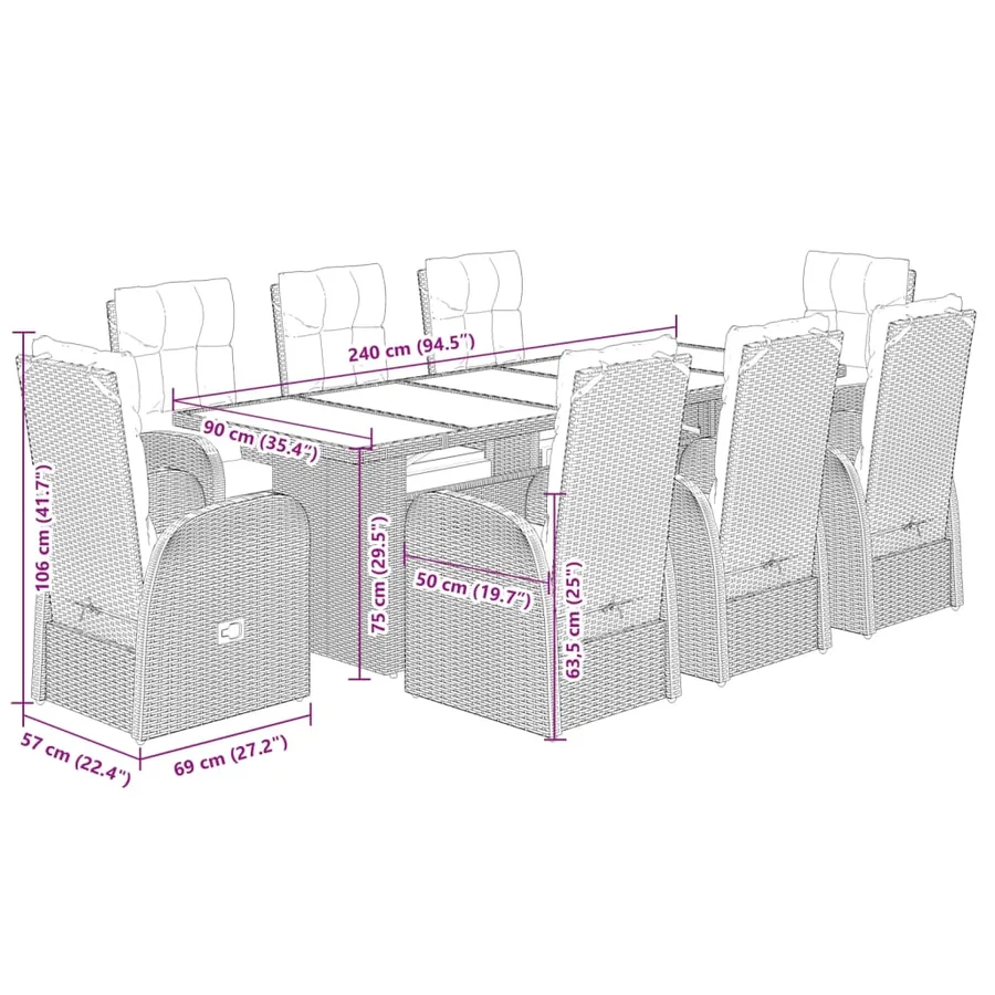 Ensemble à manger de jardin 9pcs coussins noir résine tressée - 7