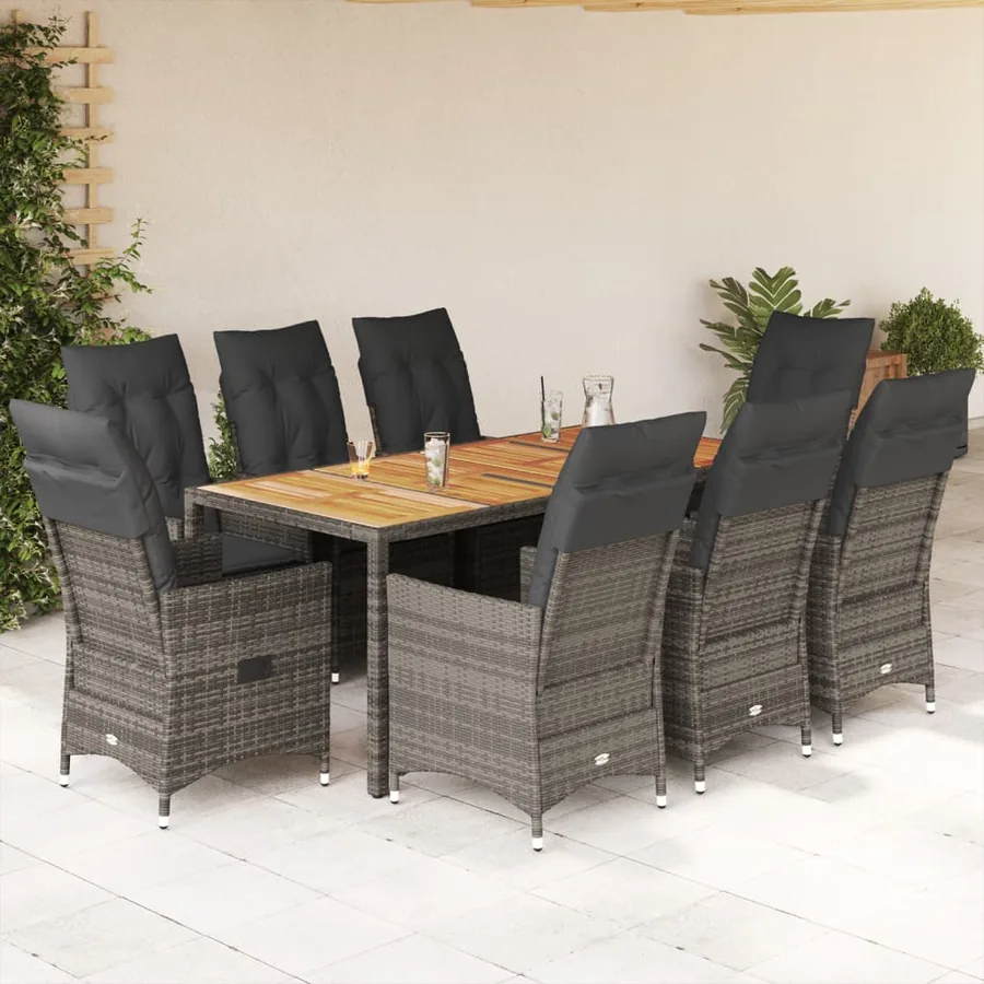 Ensemble à manger de jardin 9 pcs coussins gris résine tressée