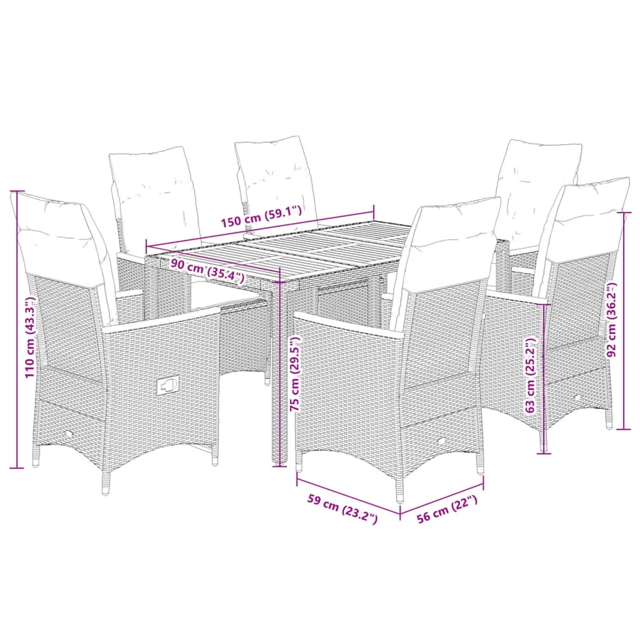 Ensemble à manger de jardin coussins 7pcs Noir Résine tressée - 9