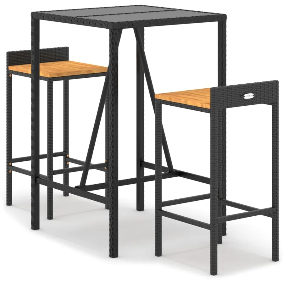 Ensemble de bar jardin 3 pcs noir poly rotin/bois massif acacia - 2