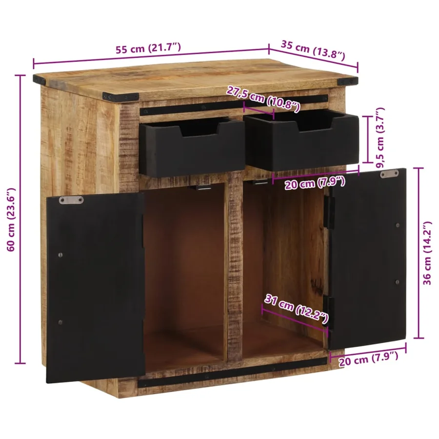 Buffet avec 2 tiroirs 55x35x60 cm bois massif de manguier - 11