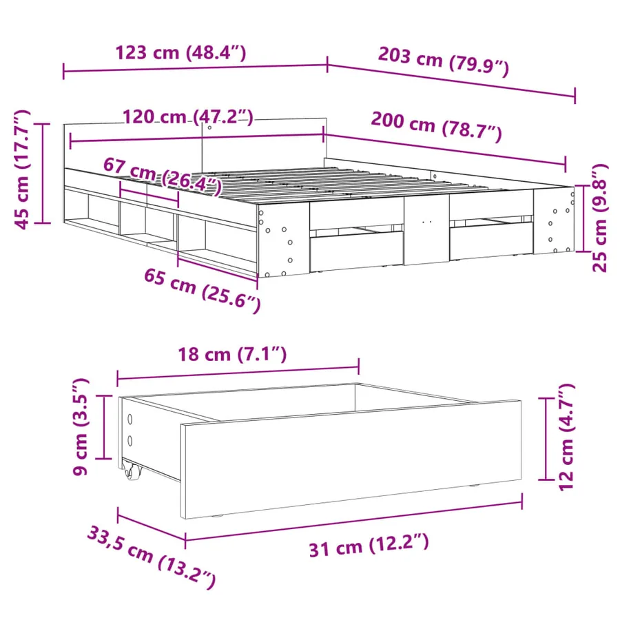 Cadre de lit avec tiroirs sans matelas sonoma gris 120x200 cm - 10