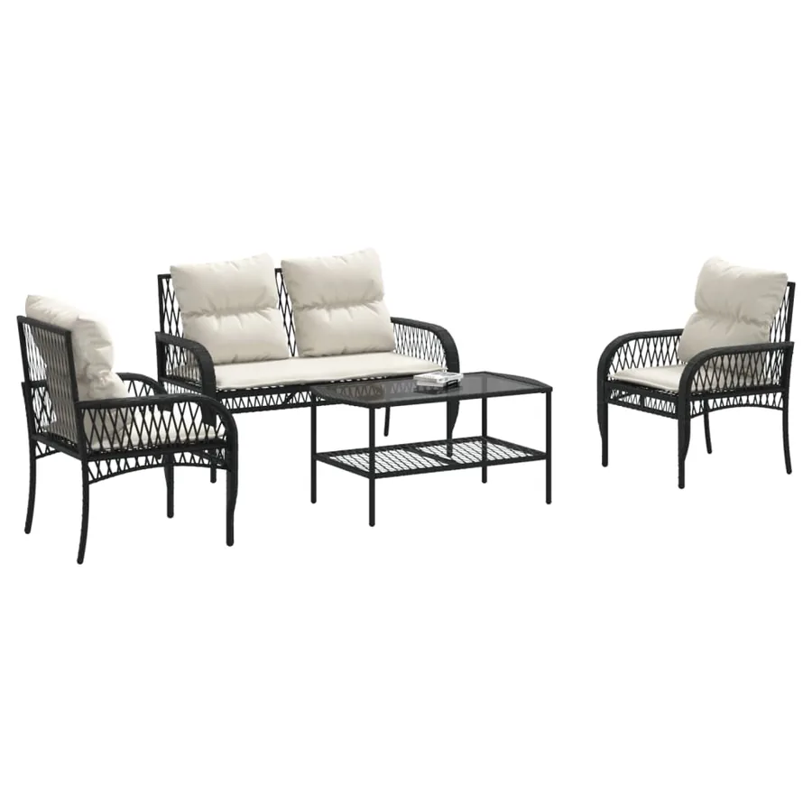 Salon de jardin 4 pcs avec coussins noir résine tressée - 3