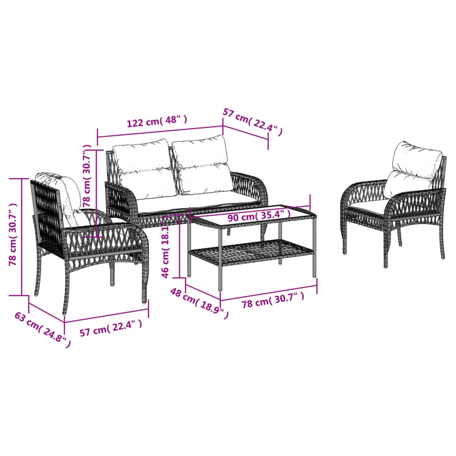 Salon de jardin 4 pcs avec coussins gris clair résine tressée - 14