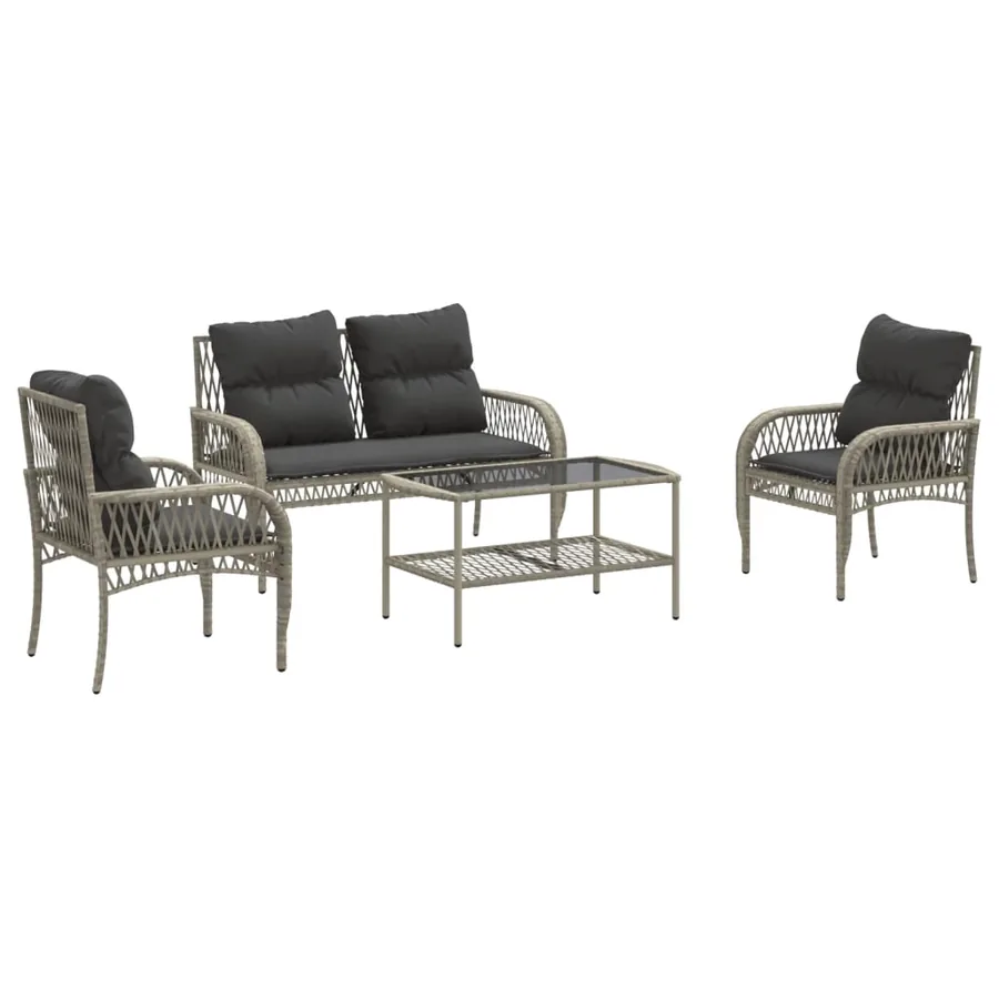 Salon de jardin 4 pcs avec coussins gris clair résine tressée - 2