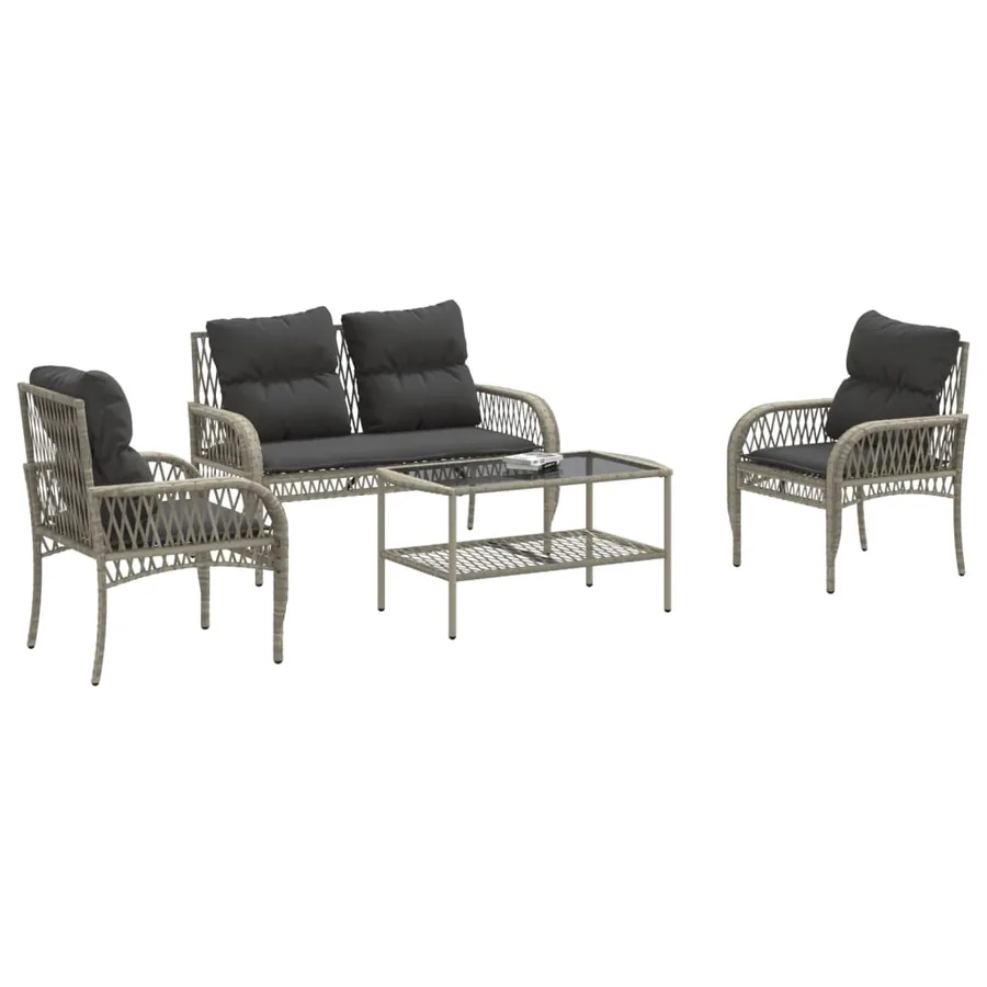 Salon de jardin 4 pcs avec coussins gris clair résine tressée - 3