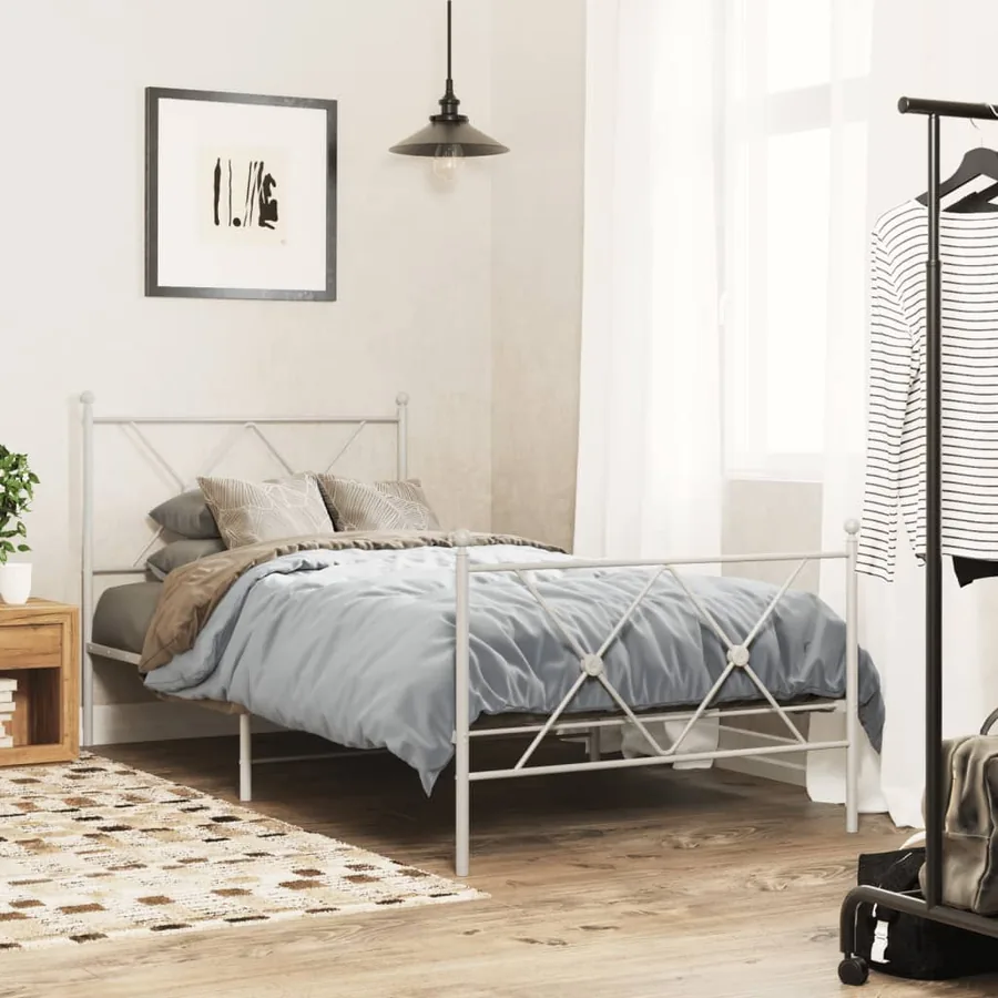 Cadre de lit métal sans matelas avec pied de lit blanc 90x200cm