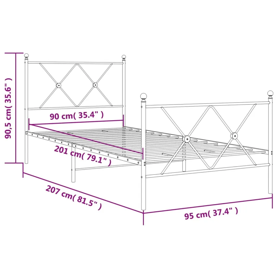 Cadre de lit métal sans matelas avec pied de lit blanc 90x200cm - 8