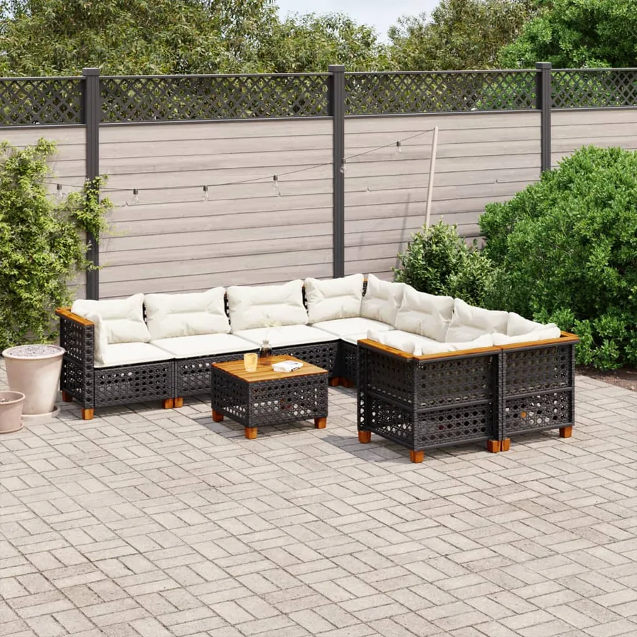 Salon de jardin 9 pcs avec coussins noir résine tressée