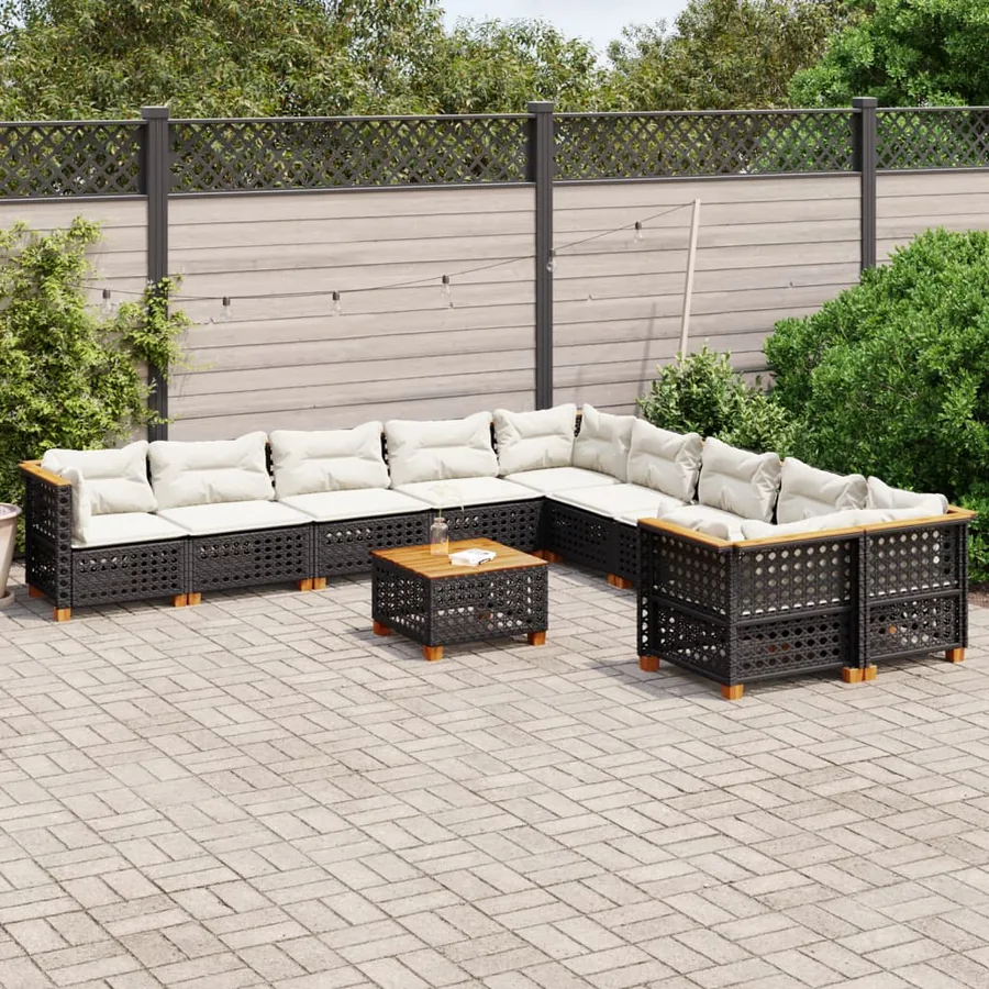 Salon de jardin 11 pcs avec coussins noir résine tressée
