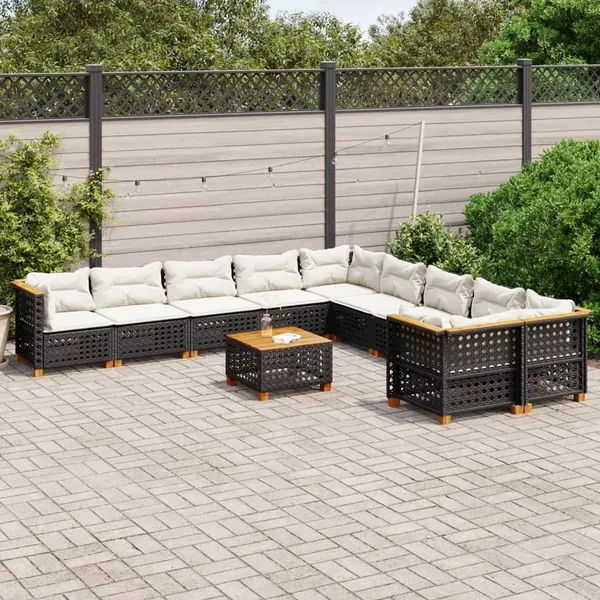Salon de jardin 11 pcs avec coussins noir résine tressée