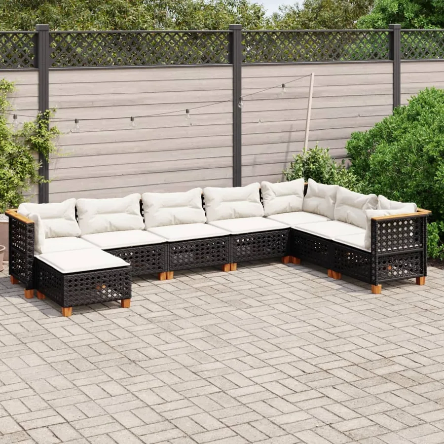 Salon de jardin 8 pcs avec coussins noir résine tressée