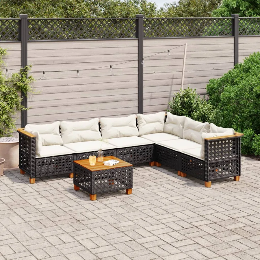 Salon de jardin 7 pcs avec coussins noir résine tressée 63,5 x 63,5 x 62 cm - 62,8 kg