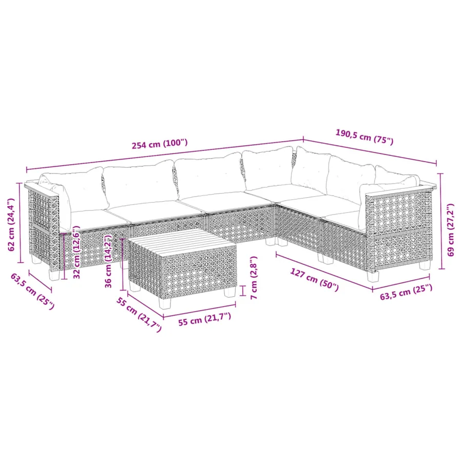Salon de jardin 7 pcs avec coussins noir résine tressée 63,5 x 63,5 x 62 cm - 62,8 kg - 8