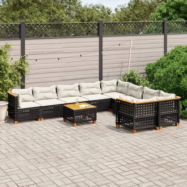 Salon de jardin 10 pcs avec coussins noir résine tressée