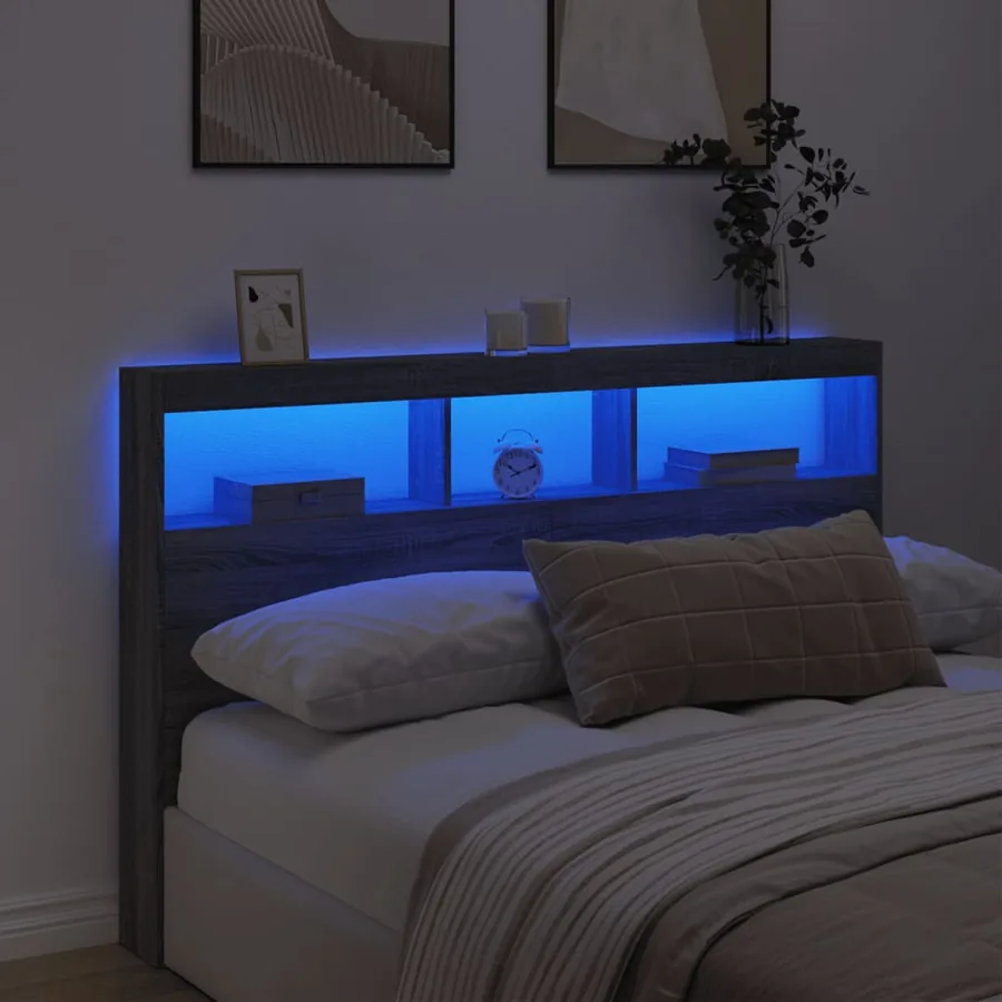 Armoire tête de lit avec LED sonoma gris 160x17x102 cm - 4