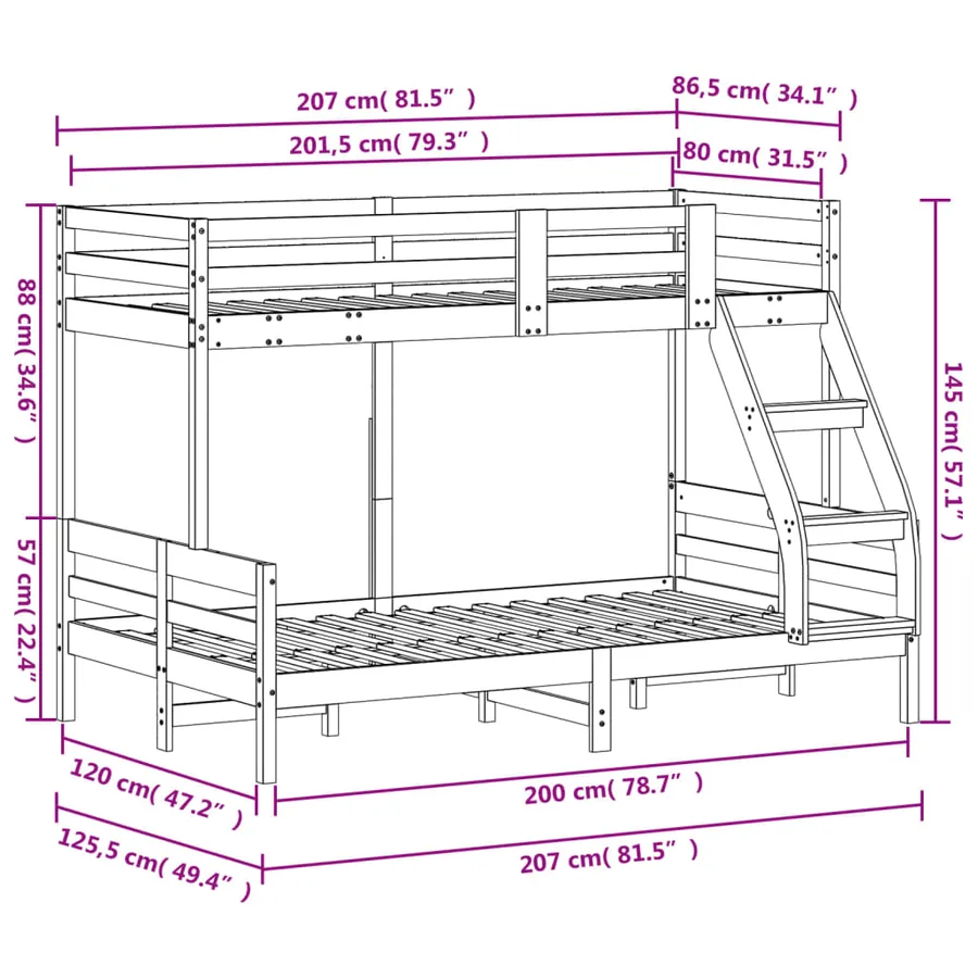 Lit superposé sans matelas 80x200/120x200 cm bois massif - 10