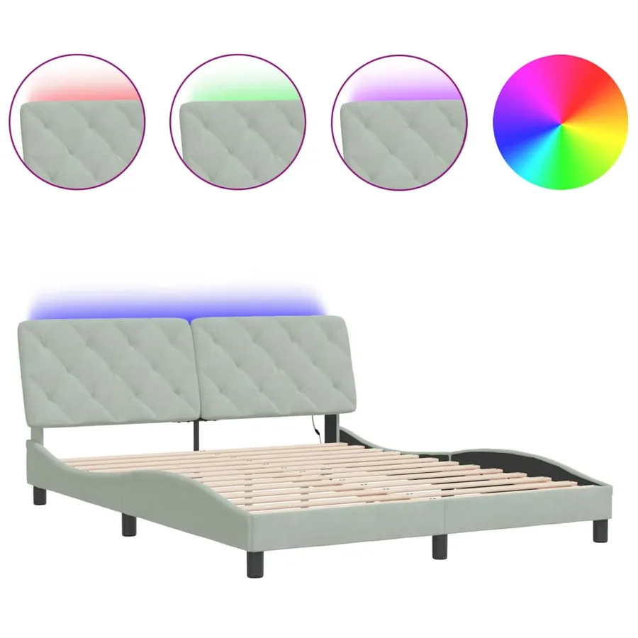 Cadre de lit avec LED sans matelas gris clair 160x200cm velours - 2