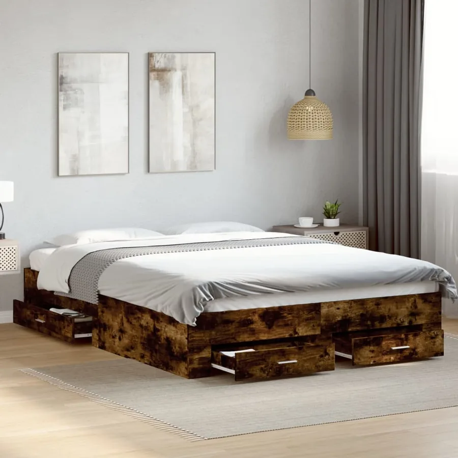 Cadre de lit avec tiroirs sans matelas chêne fumé 160x200 cm