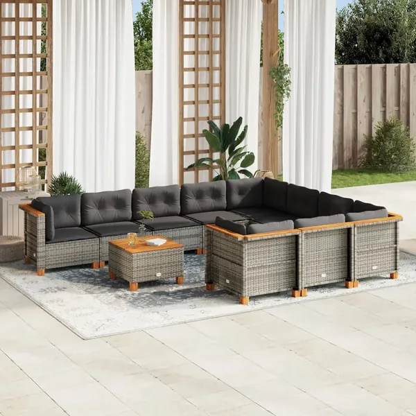 Salon de jardin 11 pcs avec coussins gris résine tressée