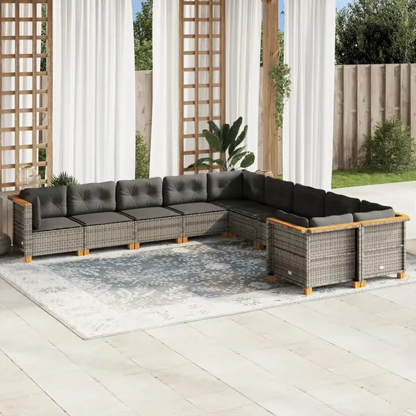Salon de jardin avec coussins 10 pcs gris résine tressée