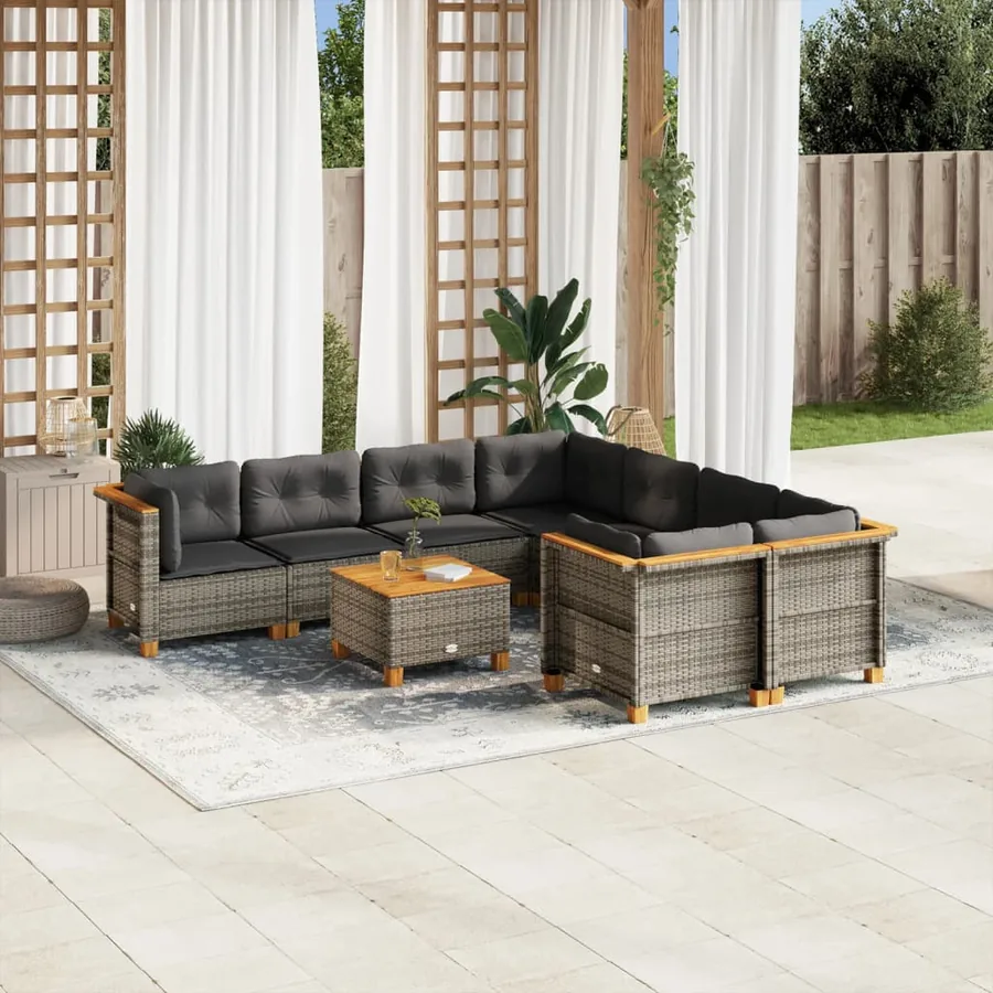 Salon de jardin 9 pcs avec coussins gris résine tressée