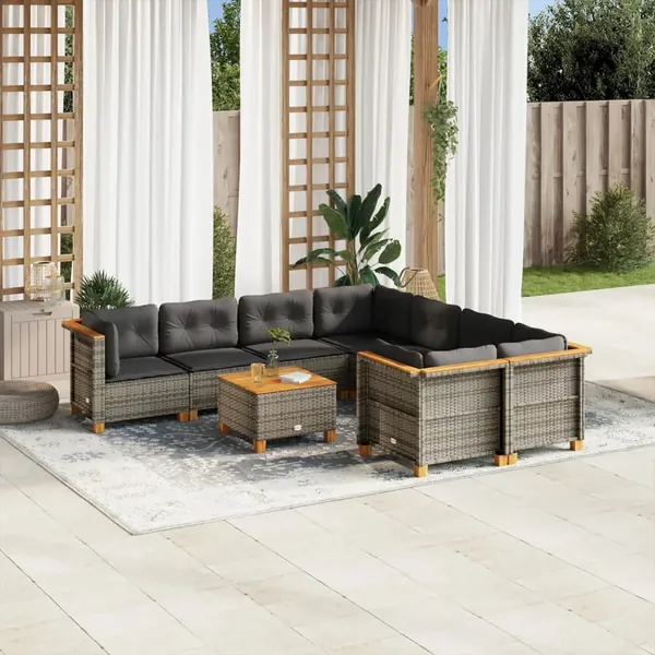 Salon de jardin 9 pcs avec coussins gris résine tressée