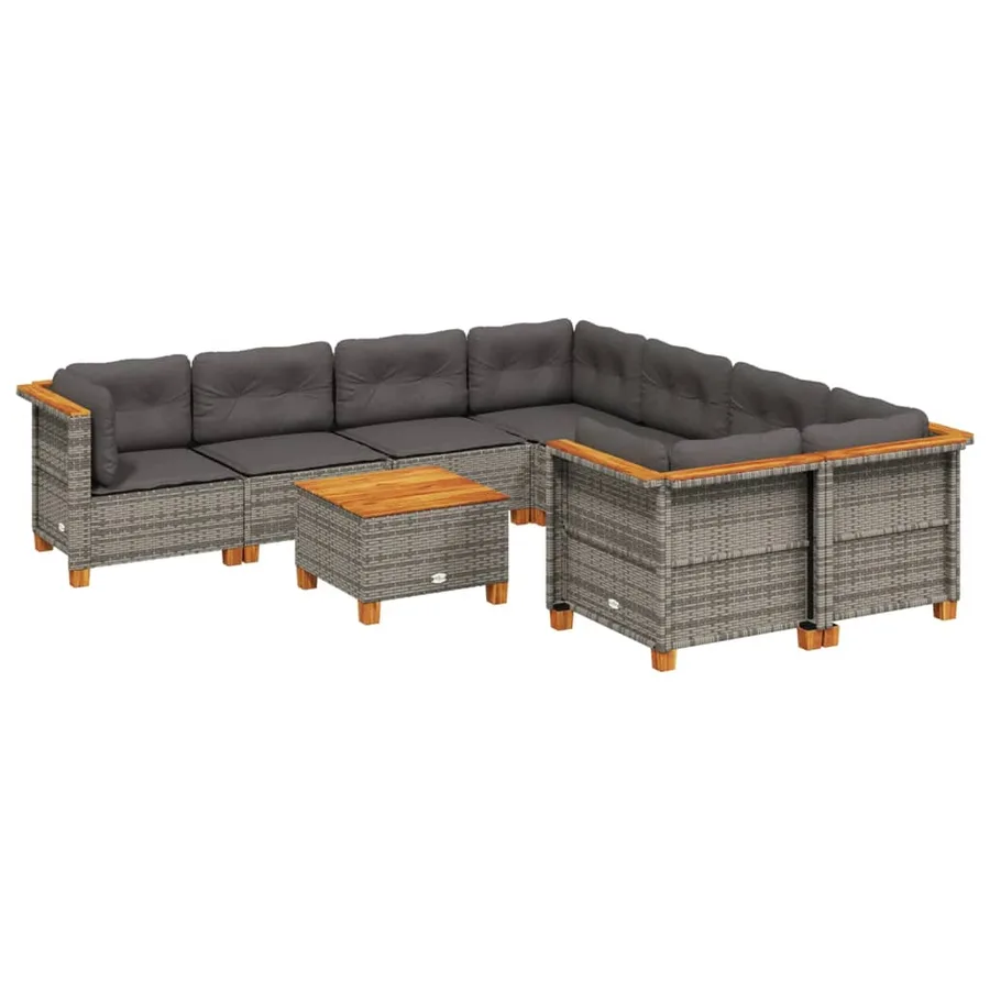 Salon de jardin 9 pcs avec coussins gris résine tressée - 2