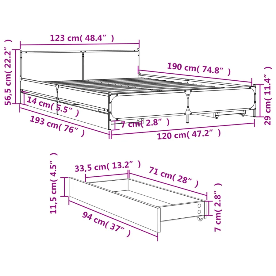 Cadre de lit avec tiroirs sans matelas chêne sonoma 120x190 cm - 10