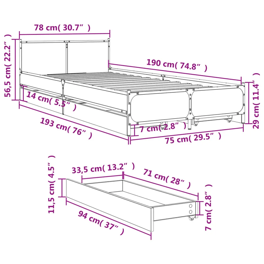 Cadre de lit avec tiroirs sans matelas noir 75x190 cm - 10