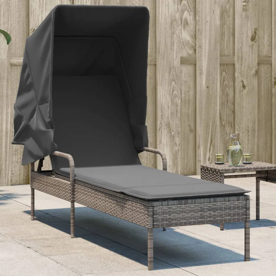 Chaise longue avec auvent gris résine tressée