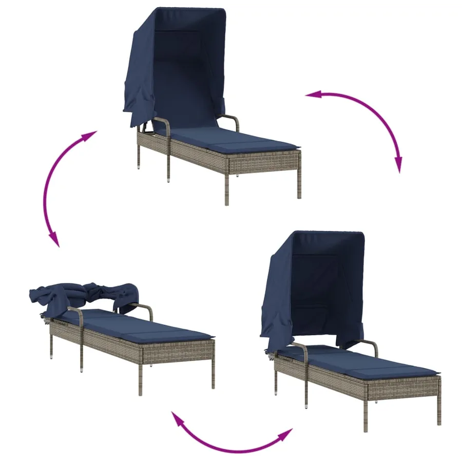 Chaise longue avec auvent gris résine tressée - 37