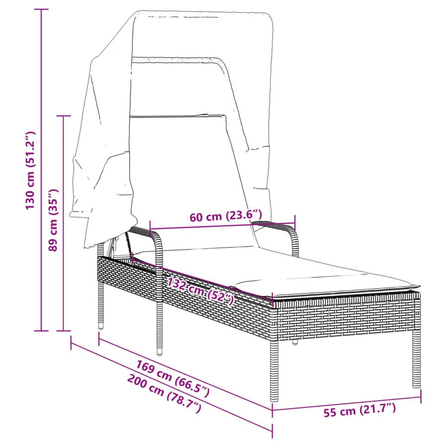 Chaise longue avec auvent gris résine tressée - 69