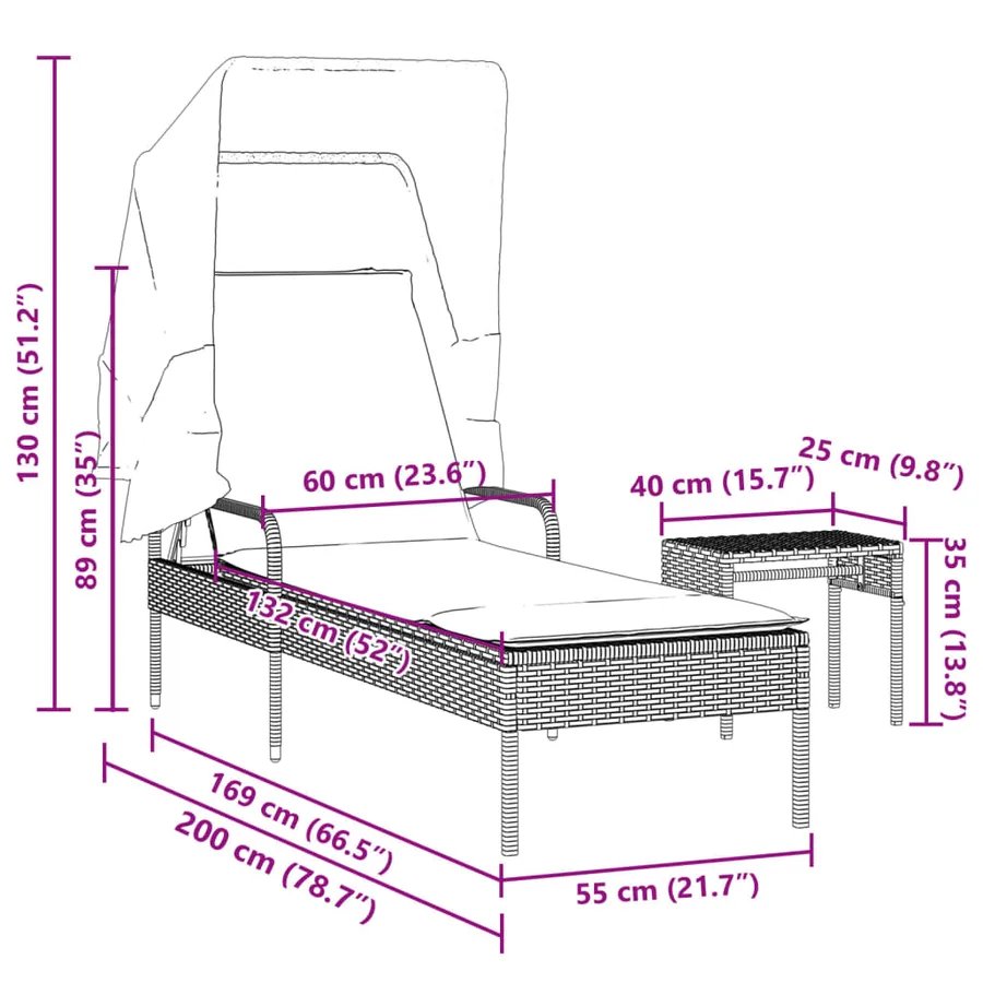 Chaise longue avec auvent et table gris résine tressée - 107