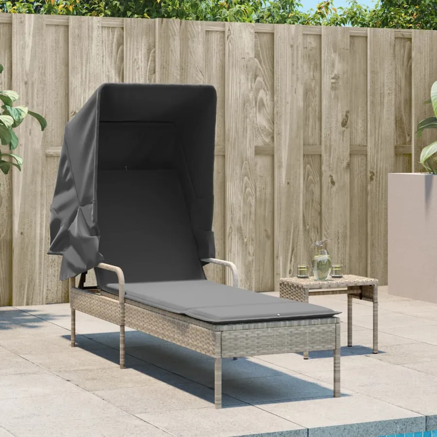 Chaise longue avec auvent et table gris résine tressée - 27
