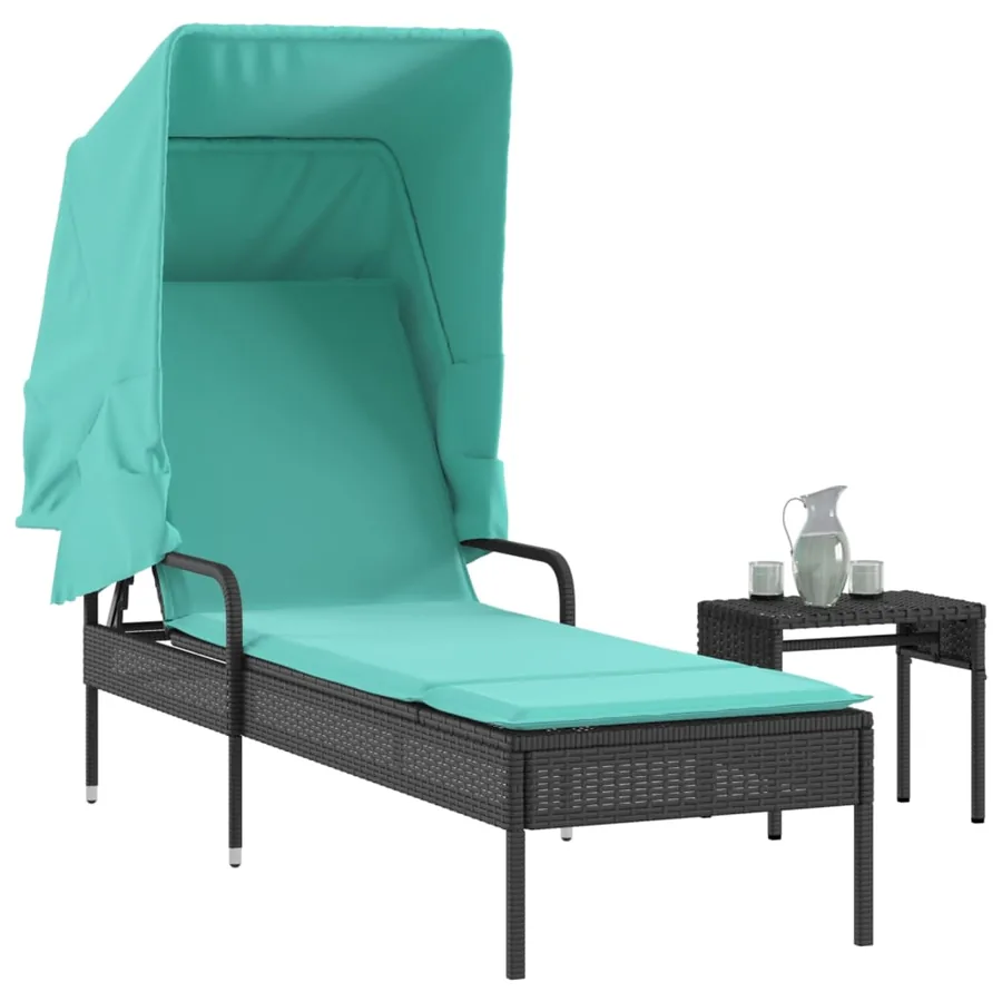 Chaise longue avec auvent et table gris résine tressée - 49
