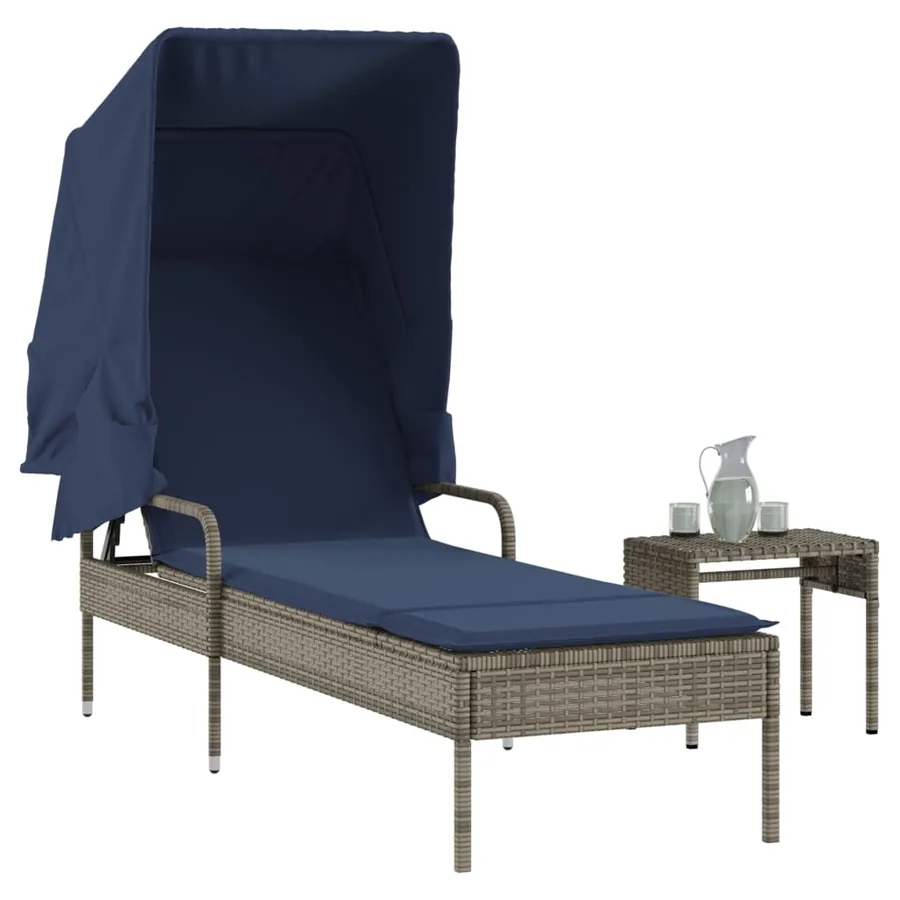 Chaise longue avec auvent et table gris résine tressée - 61